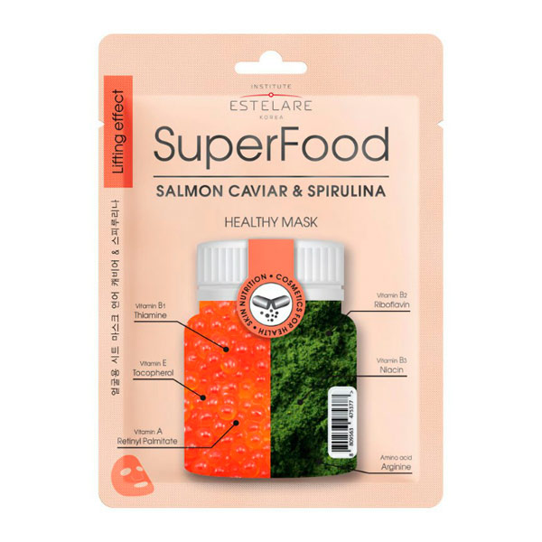 Маска для лица тканевая Икра лосося и Спирулина SUPERFOOD Estelare, 25 г Маска для лица тканевая Икра лосося и Спирулина SUPERFOOD Estelare, 25 г