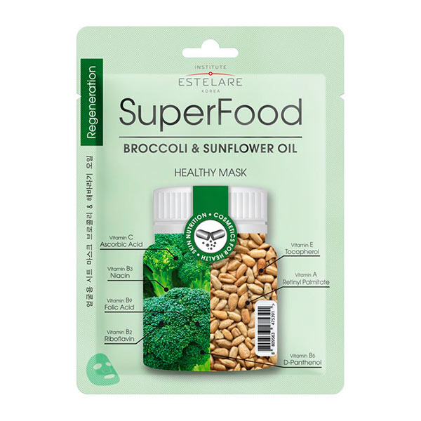 Маска для лица тканевая Брокколи и Масло подсолнуха SUPERFOOD Estelare, 25 г Маска для лица тканевая Брокколи и Масло подсолнуха SUPERFOOD Estelare, 25 г